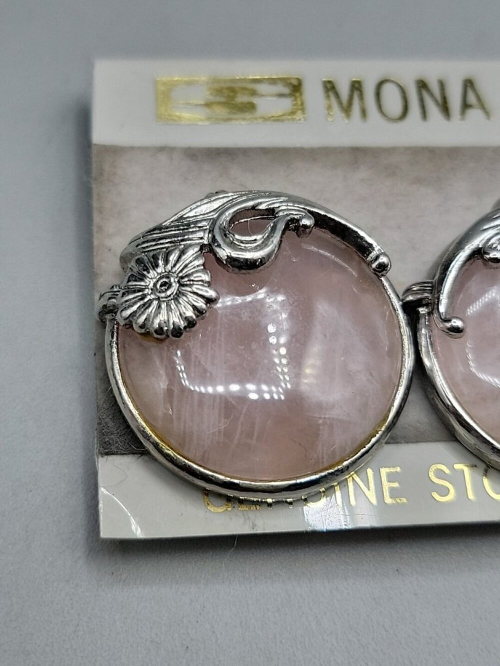 Vintage Mona Rose Quartz Cabochon Clip-on Earrings Silver Tone New Original Card - Picture 3 of 7